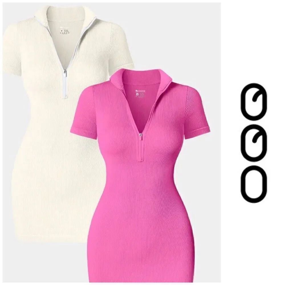OQQ - 🎉HP🎉 NWT 2-Piece BodyCon Ribbed Zip-Front Short Sleeve Minis/Rose/Cream